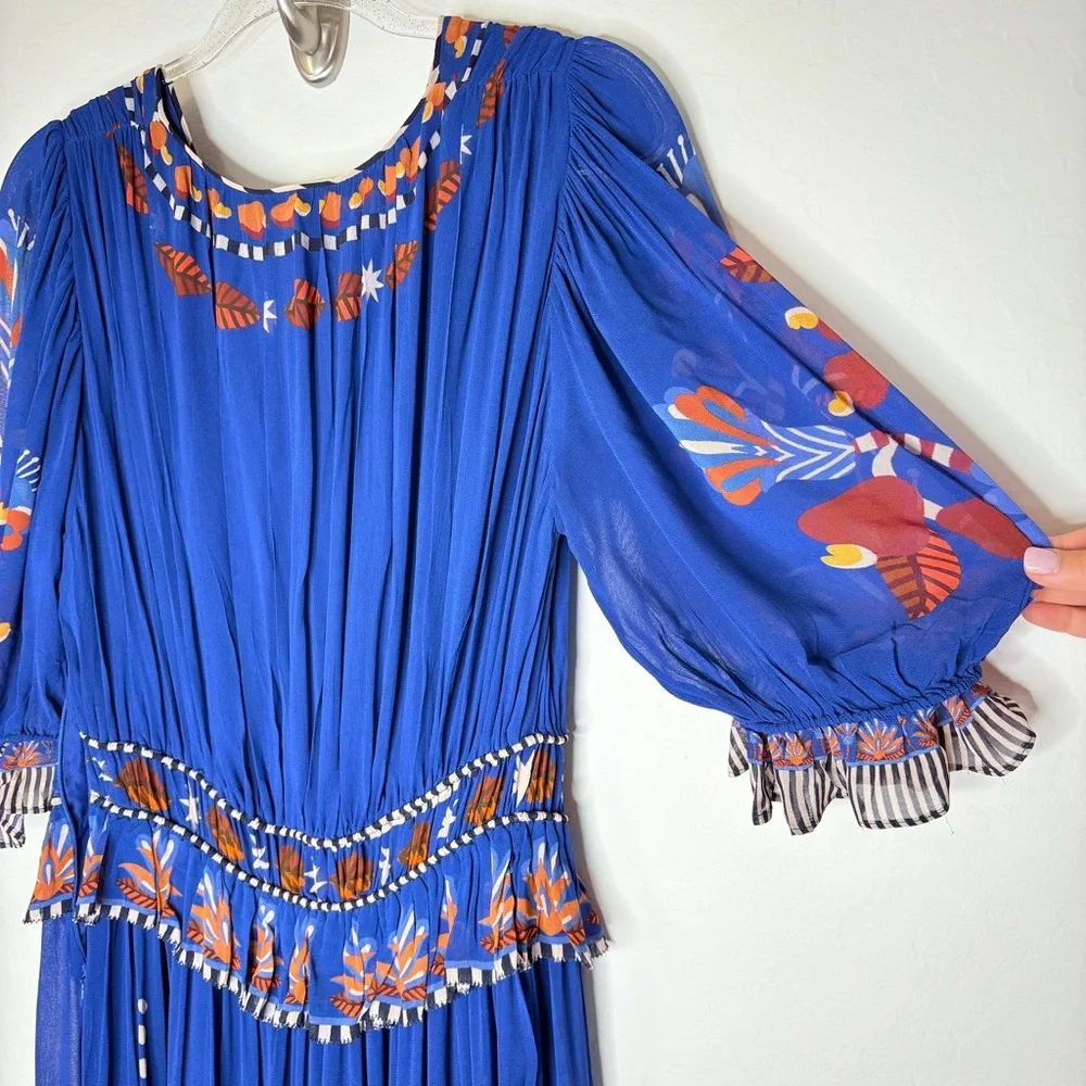 Farm Rio Nature Beauty Maxi Dress Blue Boho Print Short Sleeve Size Large NWT - Picture 10 of 12